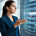 A thoughtful, professional woman in modest business attire, fully clothed, observing a sleek holographic interface in a contemporary office. Abstract representations of words and ideas flow and connect on the interface, subtly showing their influence on perception. Her expression is contemplative, conveying the intellectual power of language. Professional photography, high resolution, perfect anatomy, correct proportions, natural pose, well-formed hands, proper finger count, natural body proportions, safe for work, appropriate content, family-friendly.