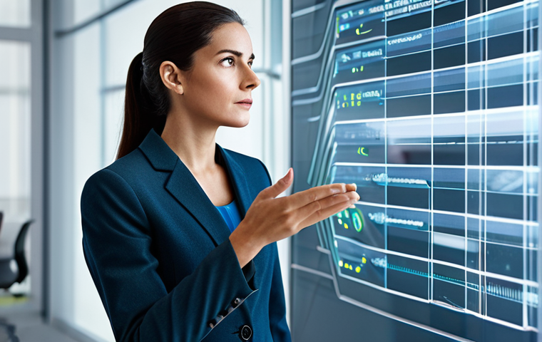 A thoughtful, professional woman in modest business attire, fully clothed, observing a sleek holographic interface in a contemporary office. Abstract representations of words and ideas flow and connect on the interface, subtly showing their influence on perception. Her expression is contemplative, conveying the intellectual power of language. Professional photography, high resolution, perfect anatomy, correct proportions, natural pose, well-formed hands, proper finger count, natural body proportions, safe for work, appropriate content, family-friendly.