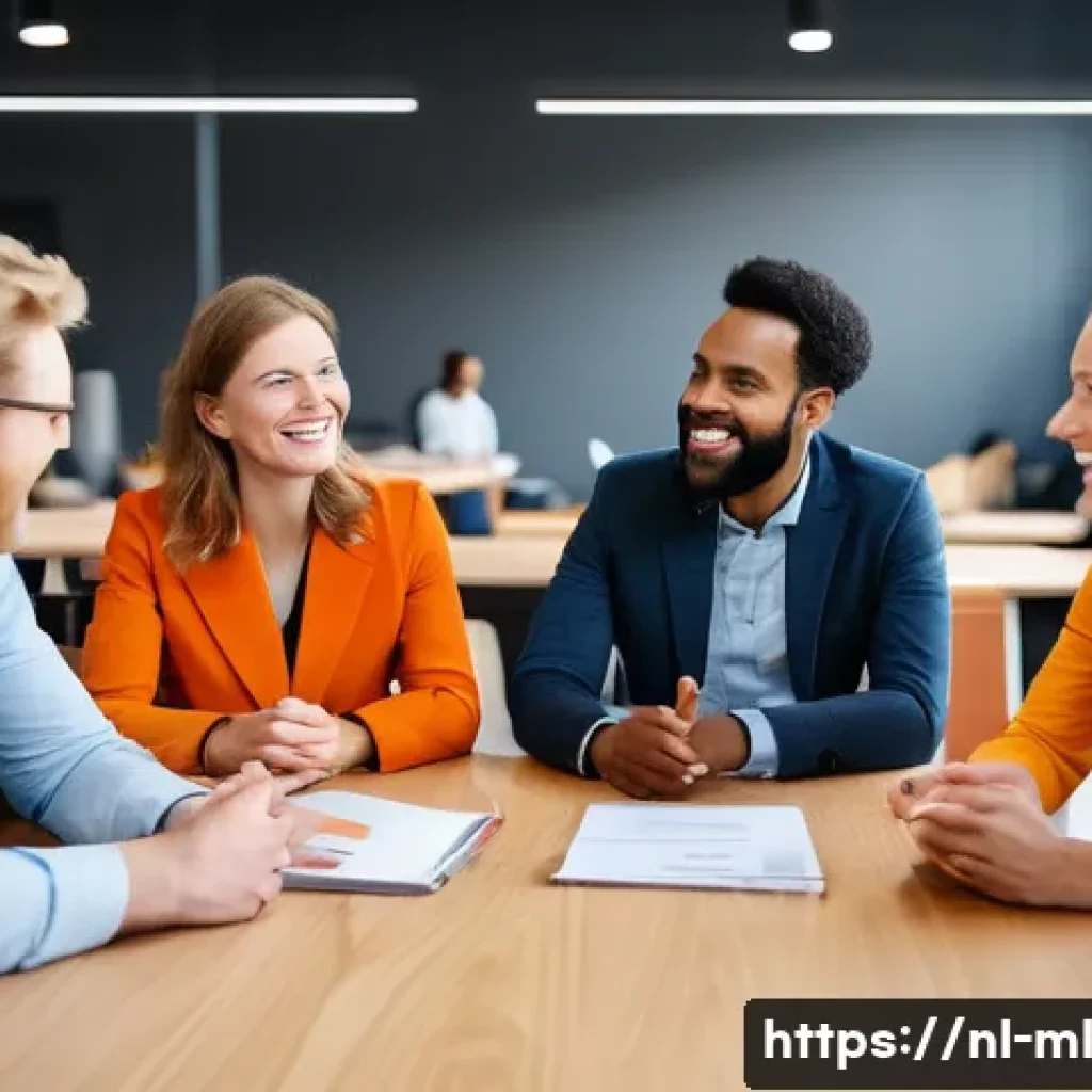 언어적 편향에 대한 사례 연구 - A diverse group of professional employees in a modern Dutch office, engaging in a team meeting. They...