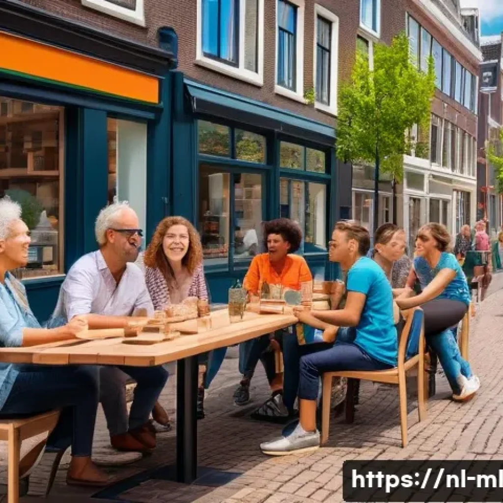 언어적 편향과 발언의 영향 - A vibrant Dutch city street scene during daytime, showing diverse people engaging in respectful conv...