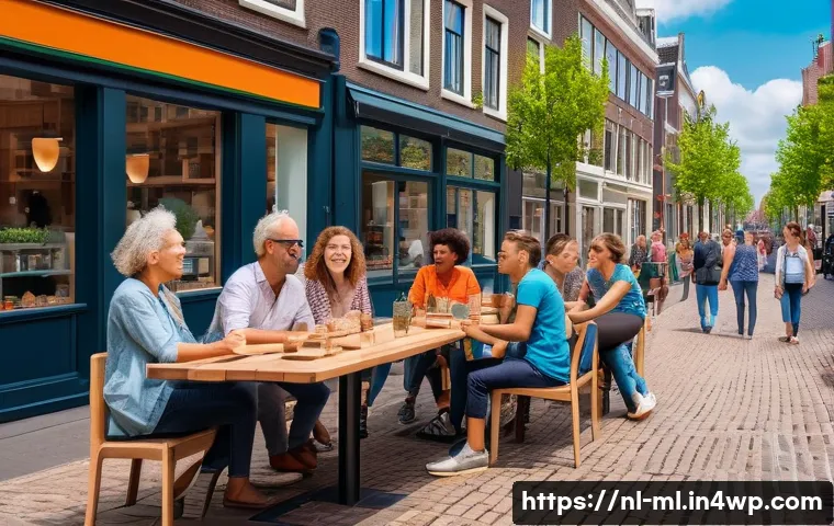언어적 편향과 발언의 영향 - A vibrant Dutch city street scene during daytime, showing diverse people engaging in respectful conv...