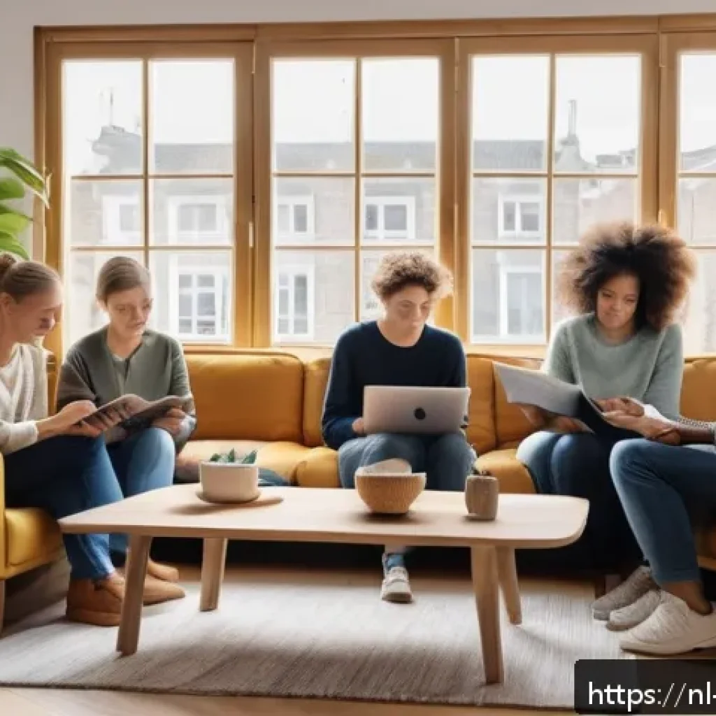 언어적 편향과 미디어 리터러시 - A diverse group of Dutch-speaking adults in a cozy, modern living room, each reading news on differe...