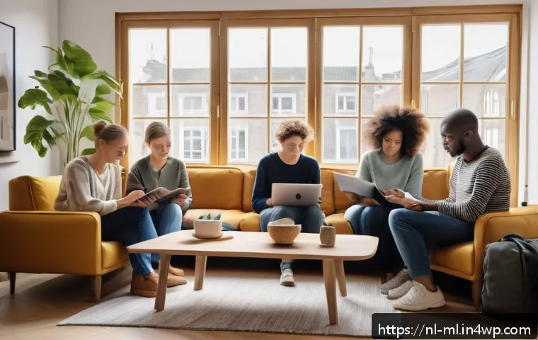 언어적 편향과 미디어 리터러시 - A diverse group of Dutch-speaking adults in a cozy, modern living room, each reading news on differe...