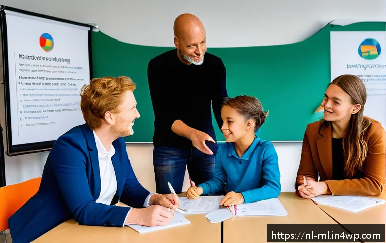 언어적 편향과 언어 정책 - A diverse group of Dutch people in a modern classroom setting, engaging in an interactive workshop o...