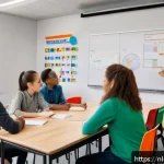 Home 23 언어적 편향 인식 교육의 필요성 - A modern Dutch classroom scene with diverse students actively engaging in a discussion about inclusi...