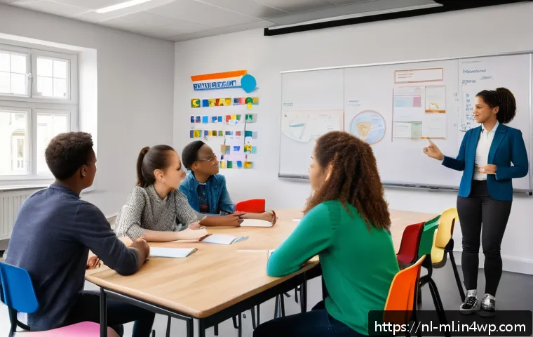 언어적 편향 인식 교육의 필요성 - A modern Dutch classroom scene with diverse students actively engaging in a discussion about inclusi...